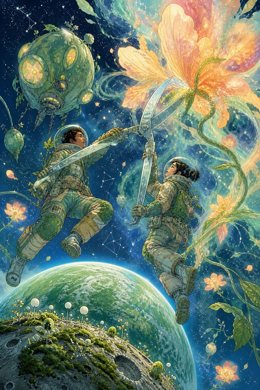 Gardeners of the Deep Sky, an original solarpunk comic cover