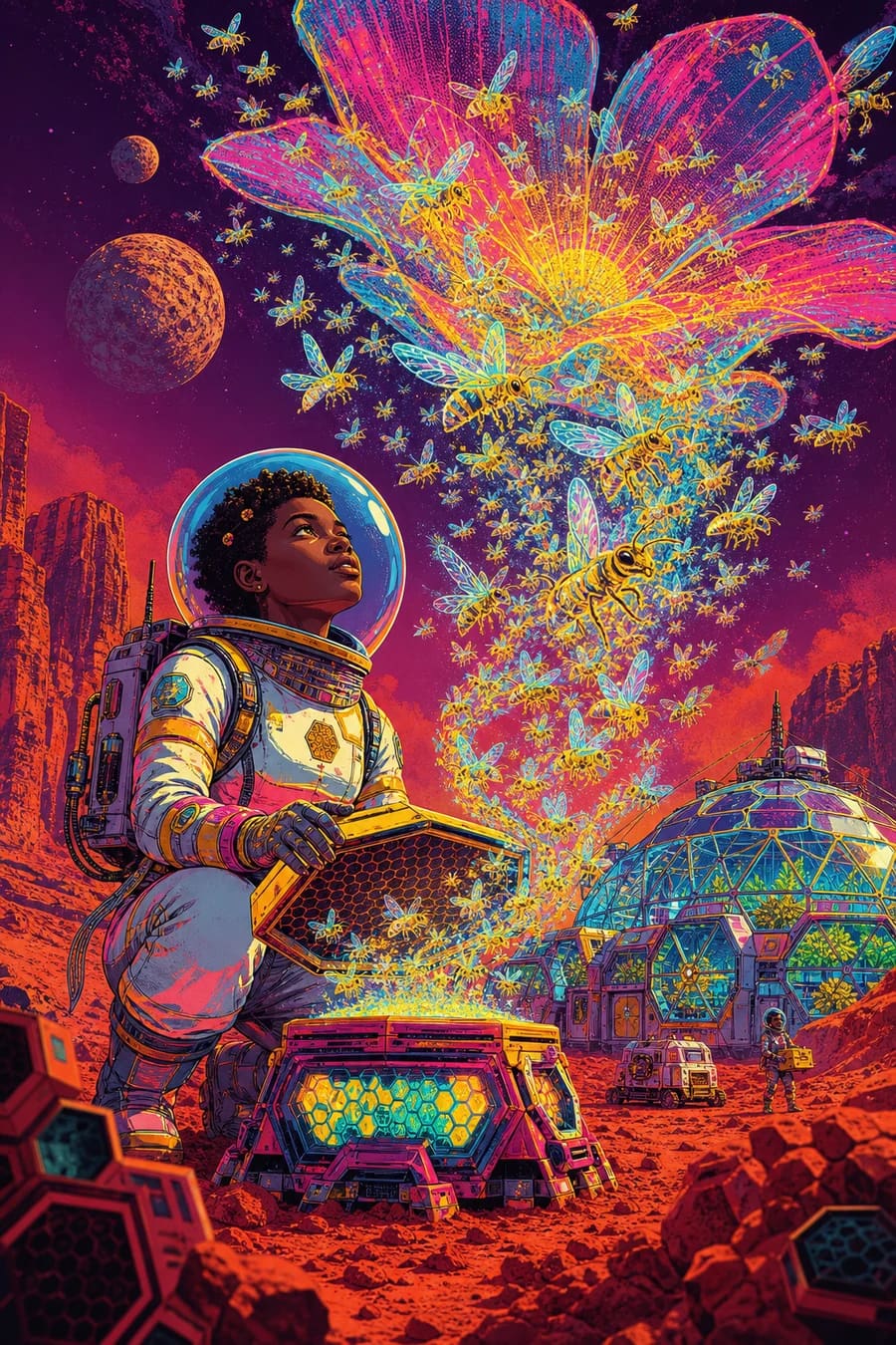 Neon Beekeepers of Mars, an original afrofuturist sci-fi comic cover