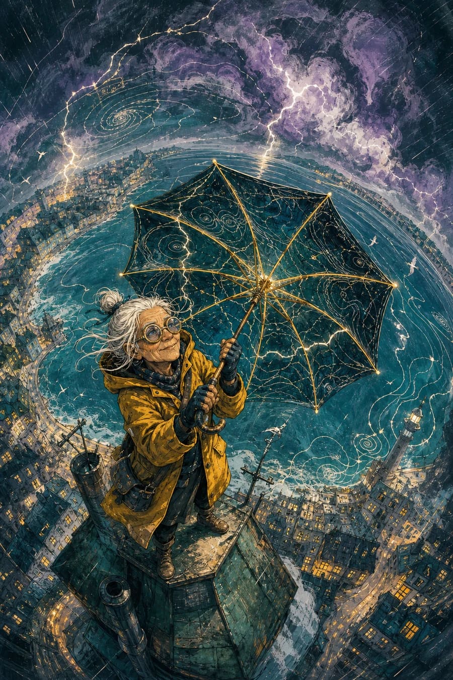 The Umbrella Cartographer, an original storm fantasy comic cover