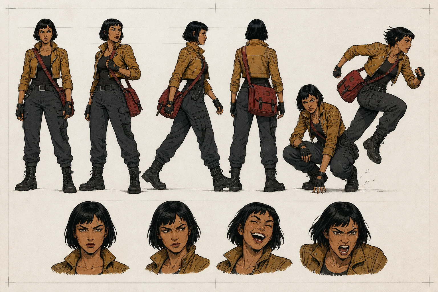 Model sheet showing Mara Vale consistently from six poses and four expressions