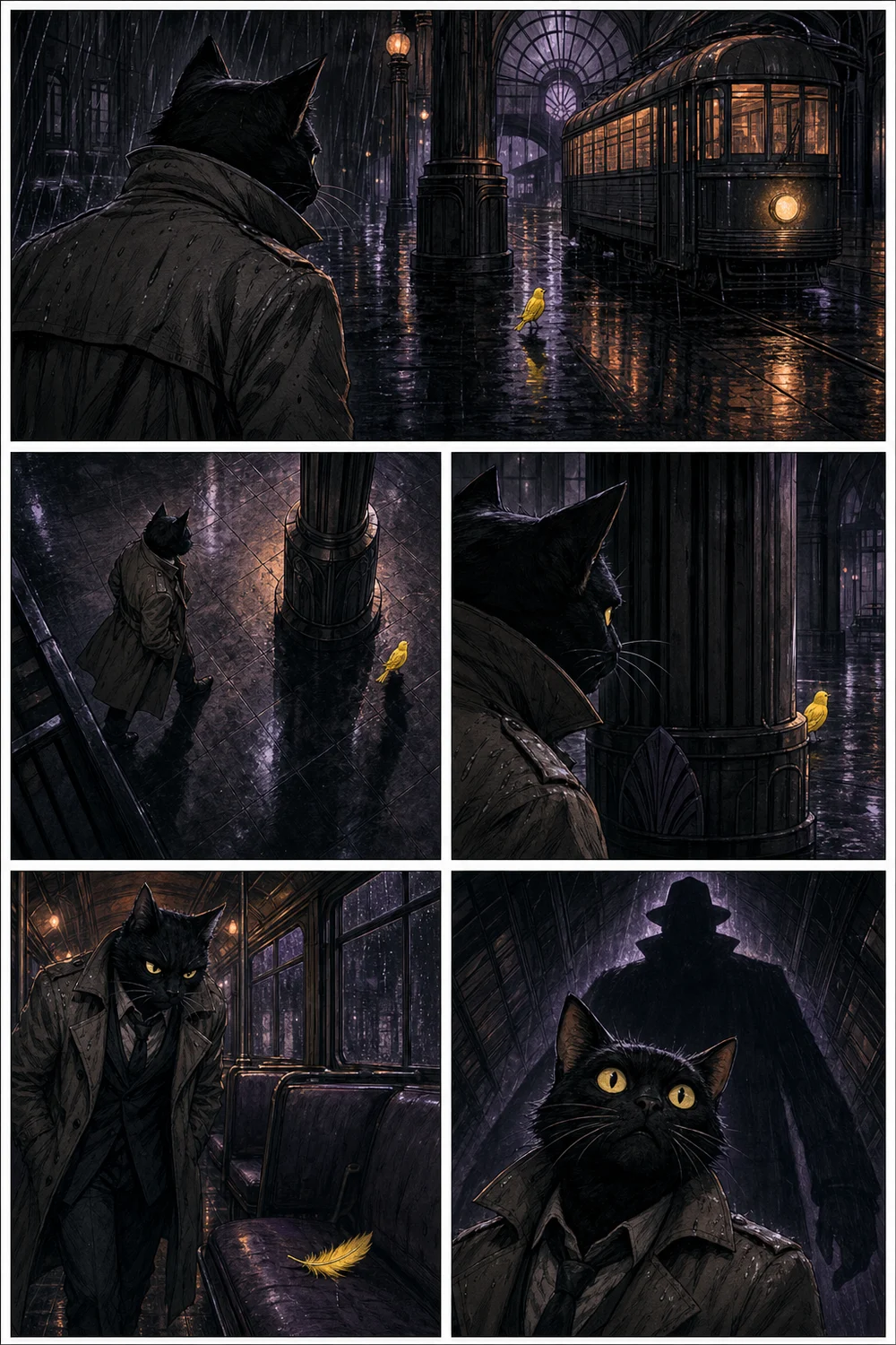Five sequential noir panels from Night Beat