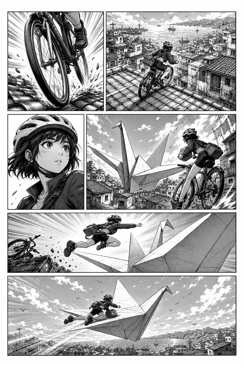 Six right-to-left manga panels of a courier leaping onto a paper crane