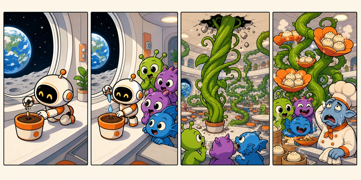 A complete four-panel wordless comic about a robot growing a dumpling vine
